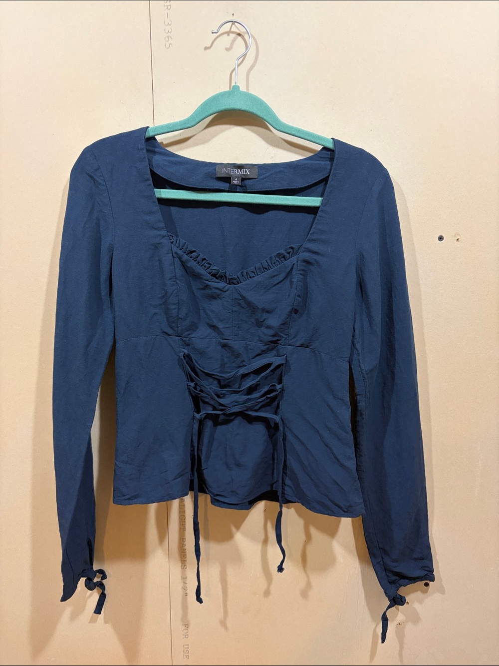 INTERMIX Navy Blue Long Sleeve Corset Tie Front Bustier Blouse Size 4